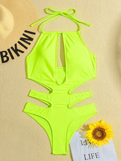 Neon Colours Halter Women Swimwear One Piece Swimsuit Female Hollow Out Monokini Bather Bathing Suit Summer Beach Wear Bodysuit