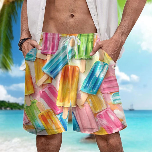 Funny Ice Cream Print Beach Designer Casual Men's Shorts Outdoor Leisure Drawstring Board Shorts Loose Shorts