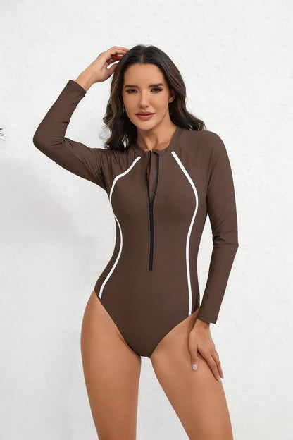 One Piece Swimsuit Women Long Sleeve Swimwear with Zipper Rash Guard Front Athletic Sun Protection UPF 50+ Surfing Beachwear