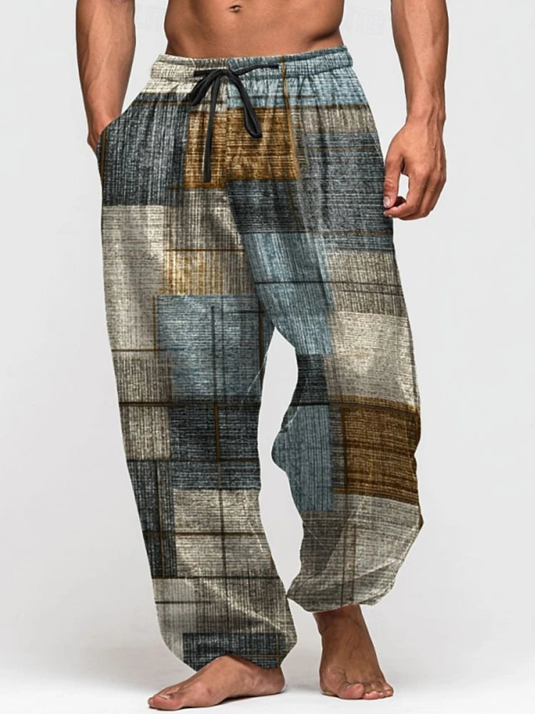 Summer Drawstring Loose-Fit Men's Wide-Leg Pants 3D Retro Patchwork Print Casual Trousers Everyday Wear Long Pants