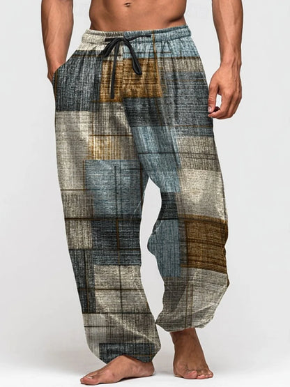 Summer Drawstring Loose-Fit Men's Wide-Leg Pants 3D Retro Patchwork Print Casual Trousers Everyday Wear Long Pants