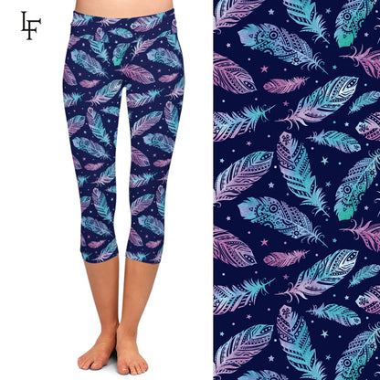 3D Feather Digital Print Leggings High Waist  Mid-Calf 3/4 Stretch Leggings Women Pants Summer New