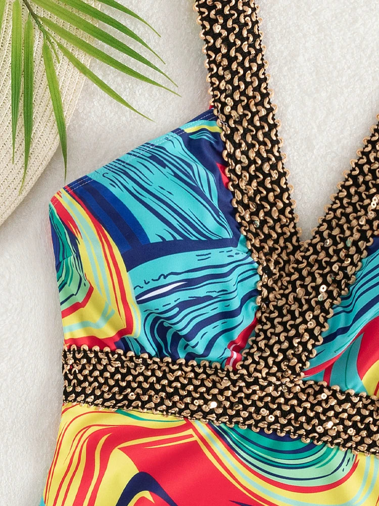 Color Print Strapped Swimwear Women Push UP One Piece Swimsuit Monokini Backless Hollow Summer Bathing Suit