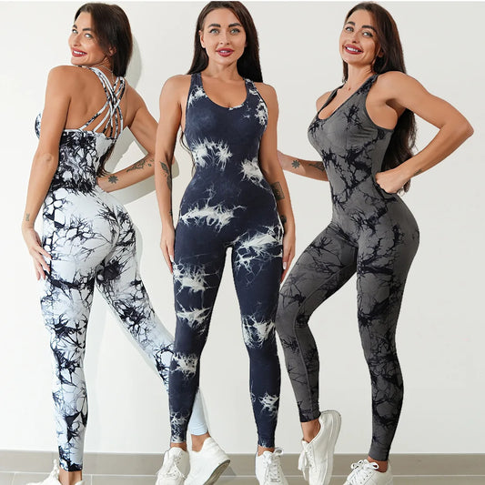 Seamless Tie-Dyed Yoga Jumpsuits Sports Fitness Hip-lifting One-Piece Beauty Back Bodysuits Gym Leggings Tracksuits for Women