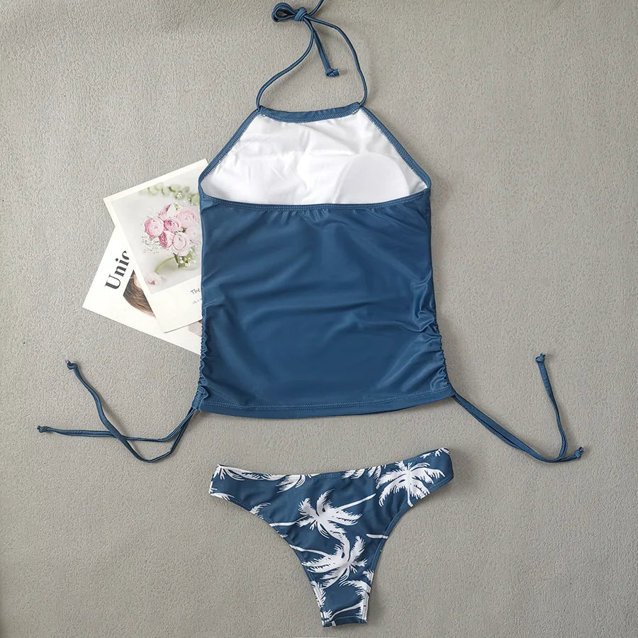 Solid Print Tankini Set Tied Halter Swimsuit Women Swimwear Biquinis Summer Backless Beach Bathing Suit