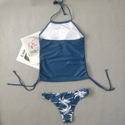 Solid Print Tankini Set Tied Halter Swimsuit Women Swimwear Biquinis Summer Backless Beach Bathing Suit