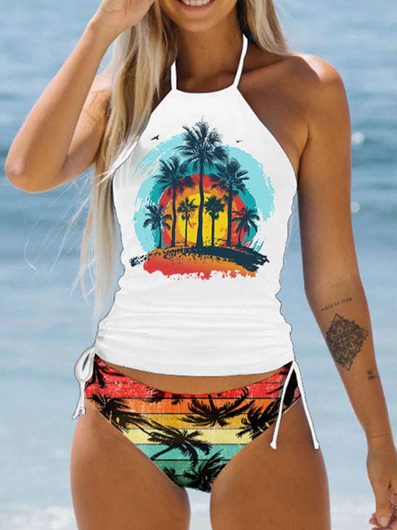 Print Push Up Tankini Low Waist Halter Tied Women For Swimsuit 2 Piece Backless Beach Swimwear Bathing Suit