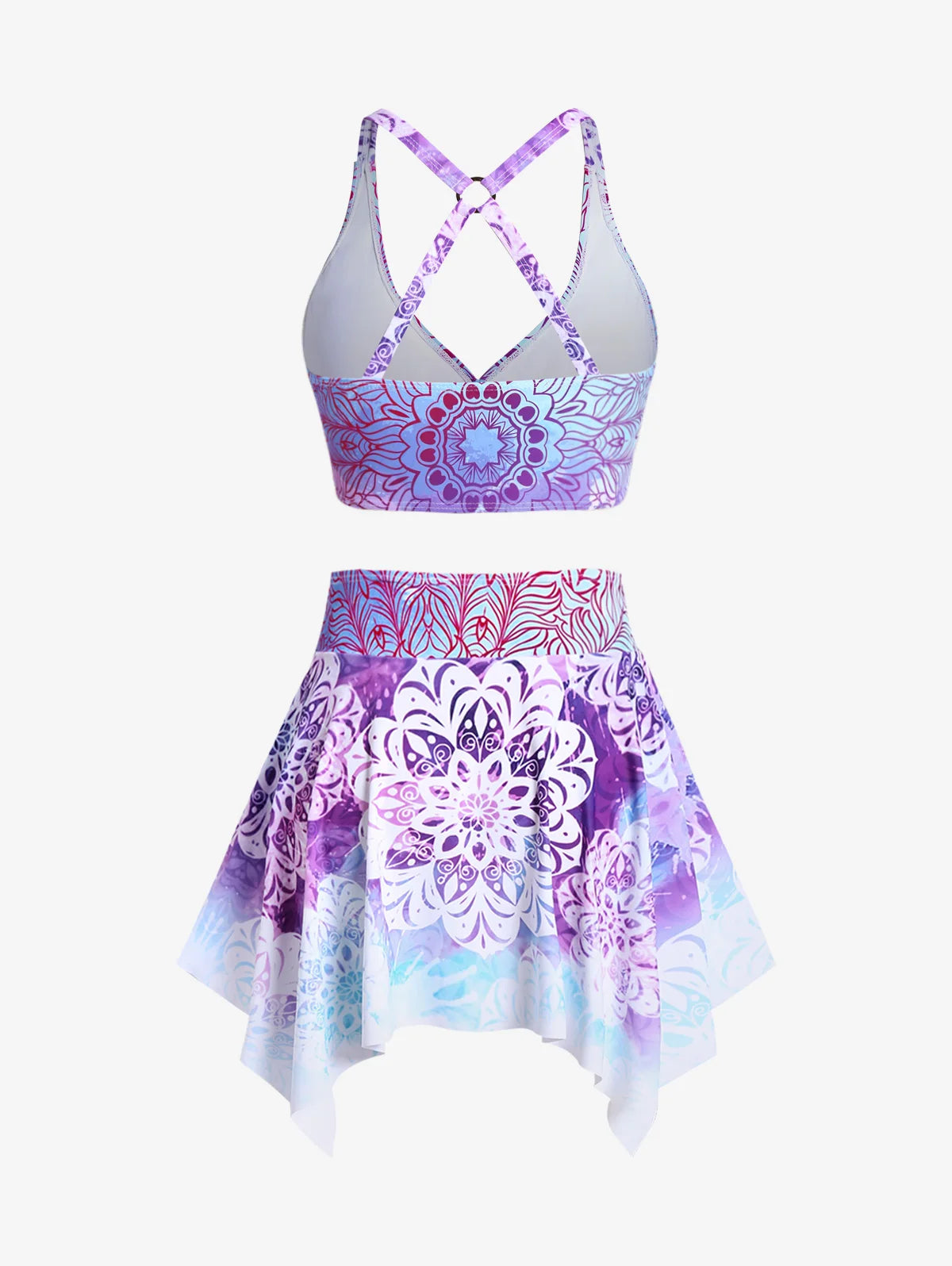Plus Size Women's Three-Piece Padded Tankini Swimsuit Stripe Colo block Bikinis Set, Or Purple Ethnic Printed Swimwear