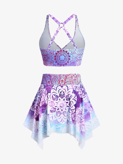 Plus Size Women's Three-Piece Padded Tankini Swimsuit Stripe Colo block Bikinis Set, Or Purple Ethnic Printed Swimwear