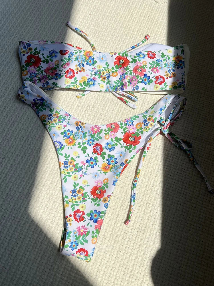 Circyy Two-piece Swimsuit Women Strapless Bikini Set Print Spliced Beachwear Summer 2025 New Swimwear Fashion Vintage Biquinis