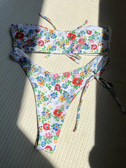 Circyy Two-piece Swimsuit Women Strapless Bikini Set Print Spliced Beachwear Summer 2025 New Swimwear Fashion Vintage Biquinis