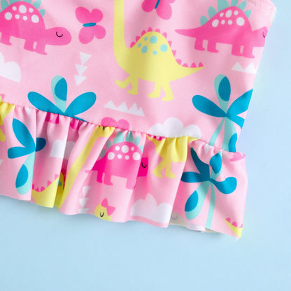 Girls Two-piece Swimsuit Bikini Baby Cute Cartoon Dinosaur Print Pink Tankini Set Toddler Swimwear Vacation Beachwear