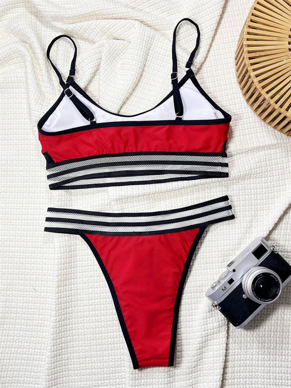 Striped Mesh Patchwork Bandeau Bikini Set High Waist Female Swimsuit Women Swimwear Two-pieces Thong Biquini