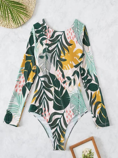 Tropical Leaf Print Long Sleeve Swimsuit One Piece Hollow Out Cross Swimwear Women Bathing Suit Padded Beachwear Swimming Summer