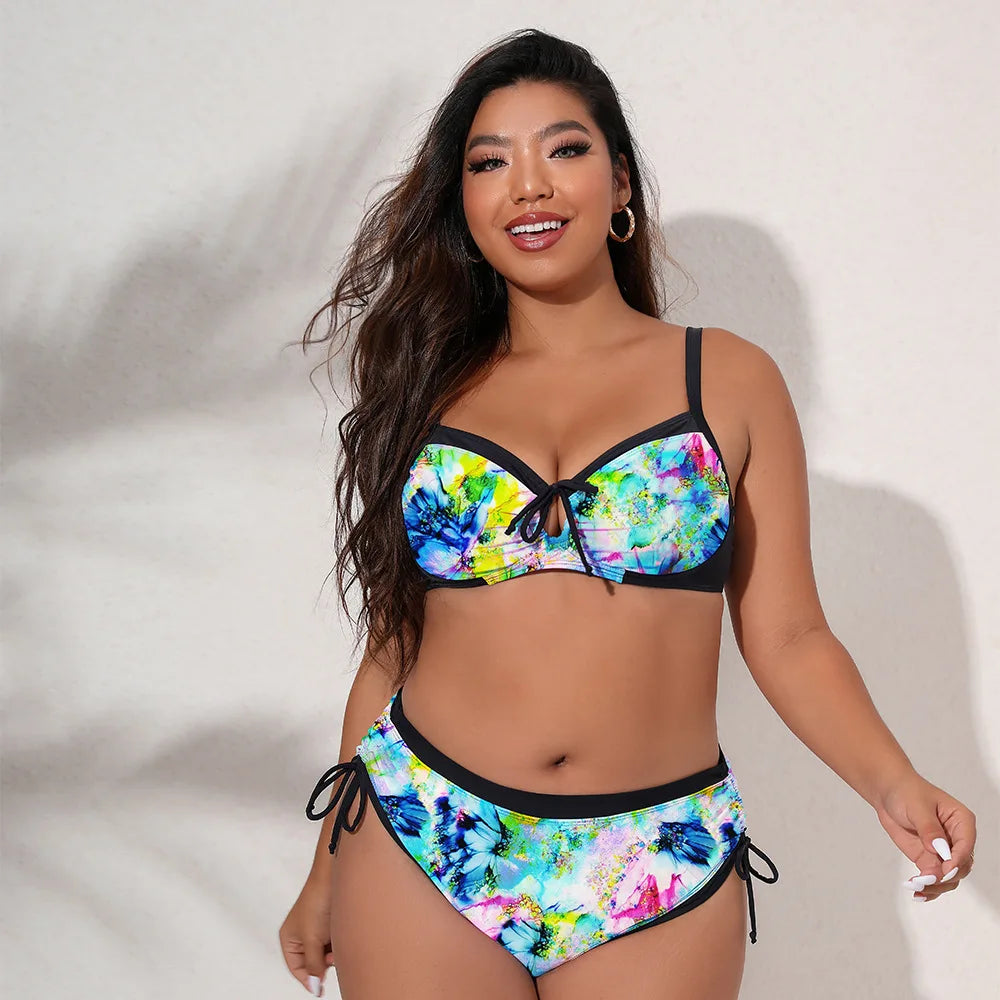 Trendy Bikini Three-Color Print Tie Adjustable Plus Size Two-Piece Swimsuit