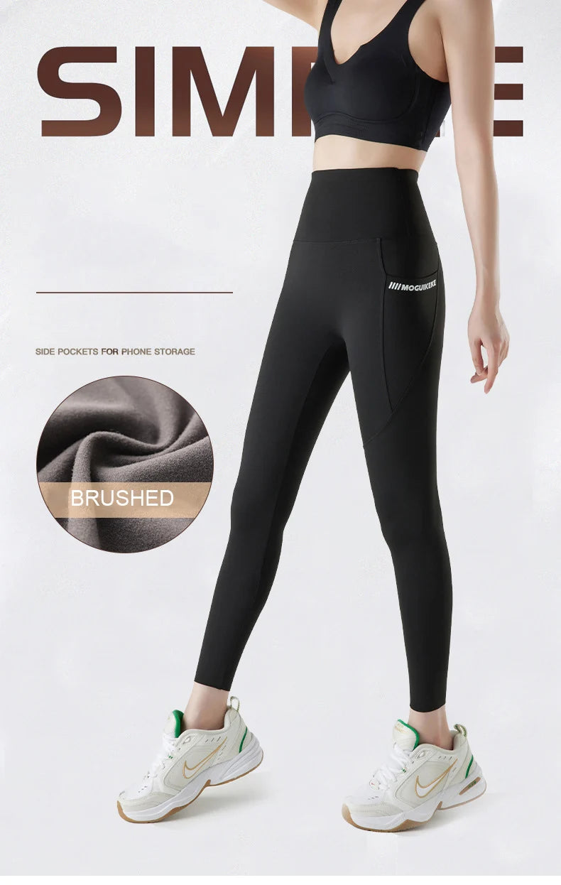 Pocket Brushed Shark Leggings Women Autumn Light Fleece Phone Leggings Slim Tight-Fit Sports Yoga Fitness Leggings