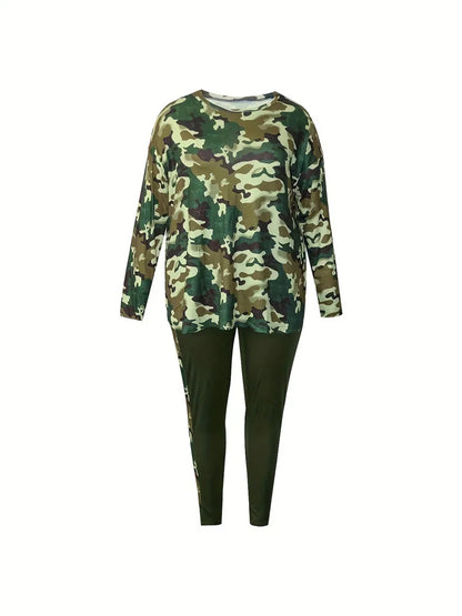 Wmstar Plus Size Women Clothes Camouflage Printed Stretch Long Sleeve Shorts Fashion Casual Two Piece Set