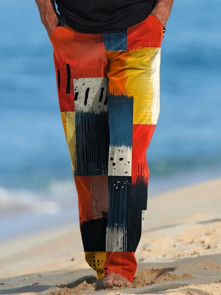 Men's Plaid Spliced Rework Casual Pants Elastic Hawaiian Ethnic Leisure Side Pocket Straight Leg Pants Summer Spring 3D Printing