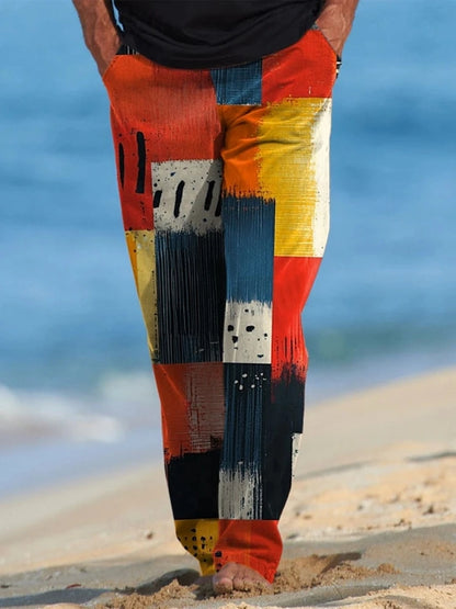 Men's Plaid Spliced Rework Casual Pants Elastic Hawaiian Ethnic Leisure Side Pocket Straight Leg Pants Summer Spring 3D Printing