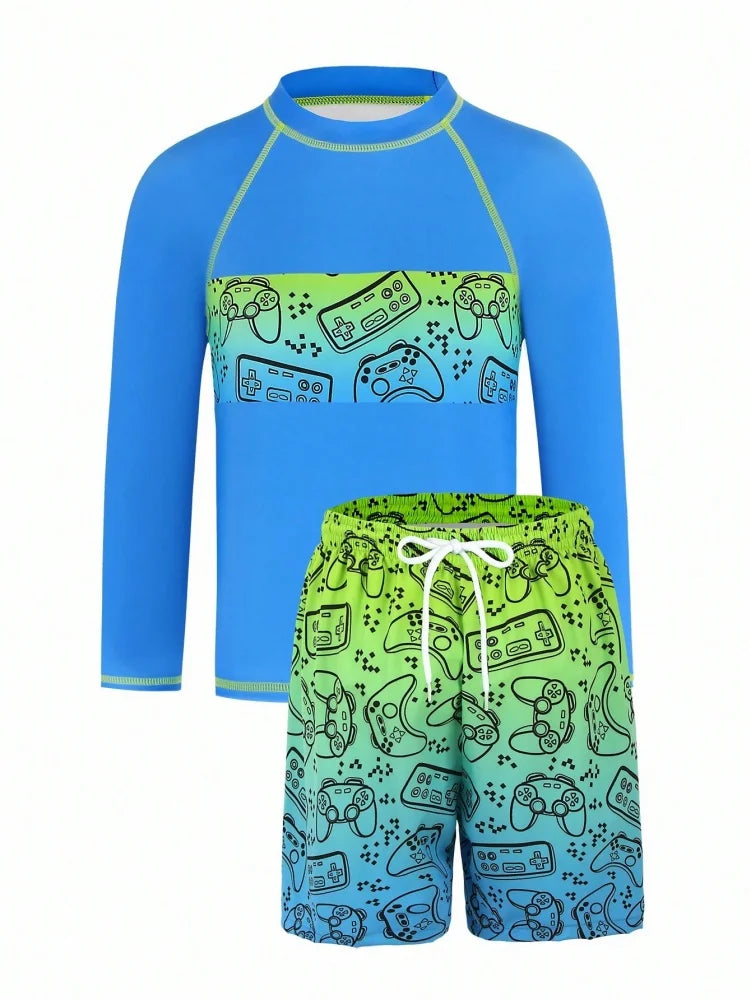 Boy Kids Swimsuit Solid Print Long Sleeves Children Swimwear Summer Two Piece Beach Shorts Beach Bathing Suit Swimming