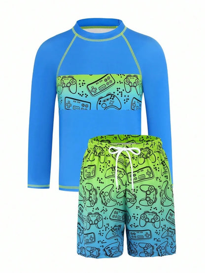 Boy Kids Swimsuit Solid Print Long Sleeves Children Swimwear Summer Two Piece Beach Shorts Beach Bathing Suit Swimming