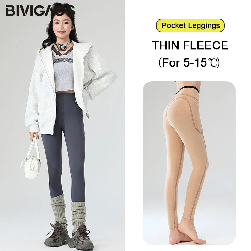 Winter Fleece Pocket Sharkskin Leggings Women High Waist Tight-Fit Velvet Thickened Warm Sports Running Leggings
