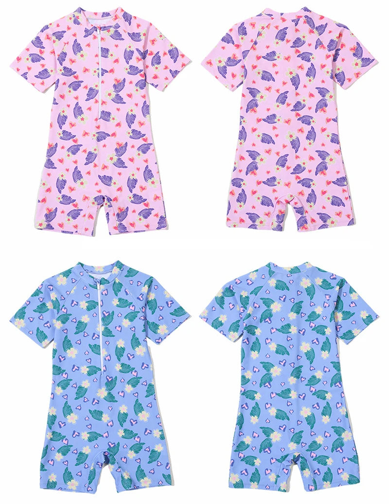 Leaf Print One Piece Girls Swimwear Kids Short Sleeve Swimsuit With Front Zipper Summer Children Swimming Suit Beachwear