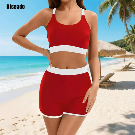 Bikini Women's Two-piece Swimsuit Sporty Tankini Athletic Push Up High Waisted Swimsuit Cross Back Crop Top Swimwear Beach Trend