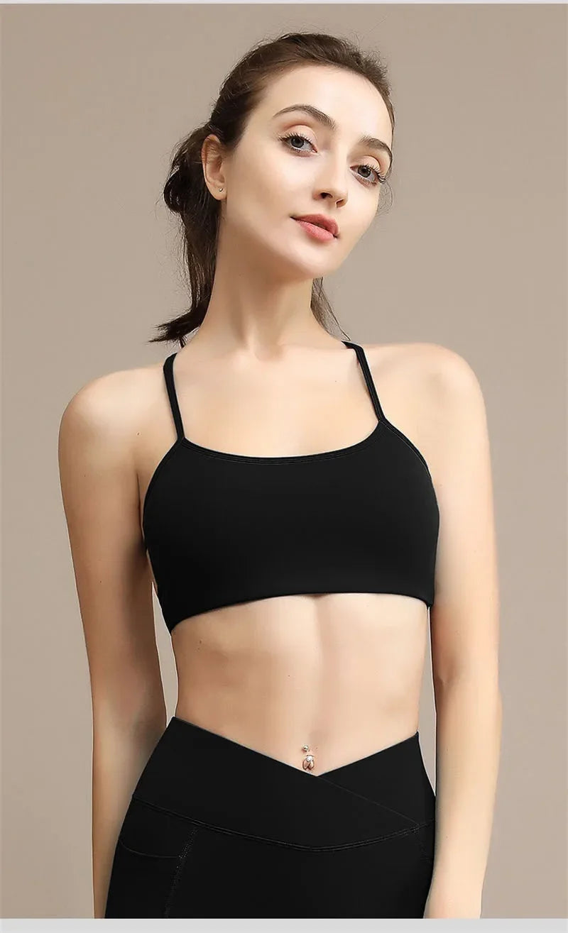 PofyBofy Yoga Bra Criss Cross Workout Crops Pilates Bras Gym Crop Top Running Bras Sexy Back Spaghetti Straps Fitness Bras