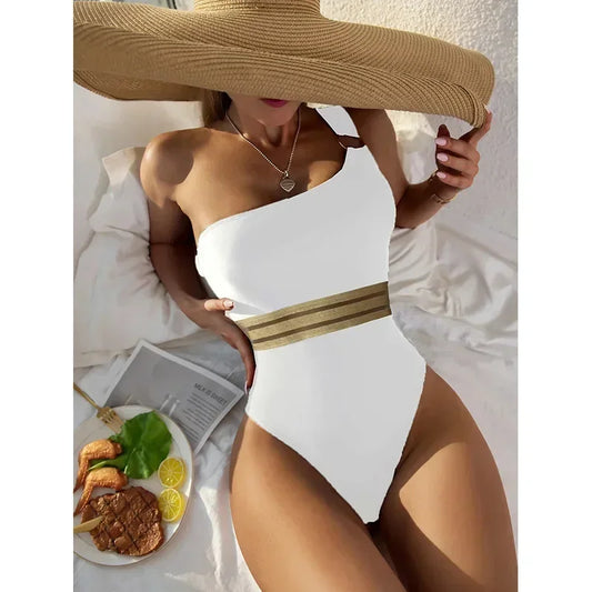 One Piece Swimsuit Swimwear Women Solid Single Shoulder Hollow Mesh White Bathing Suit Beachwear