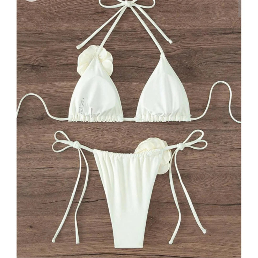 S - XL 3D Flowers Halter Strappy Bikini Women Swimwear Female Swimsuit Two-pieces Bikini set Bather Bathing Suit Swim