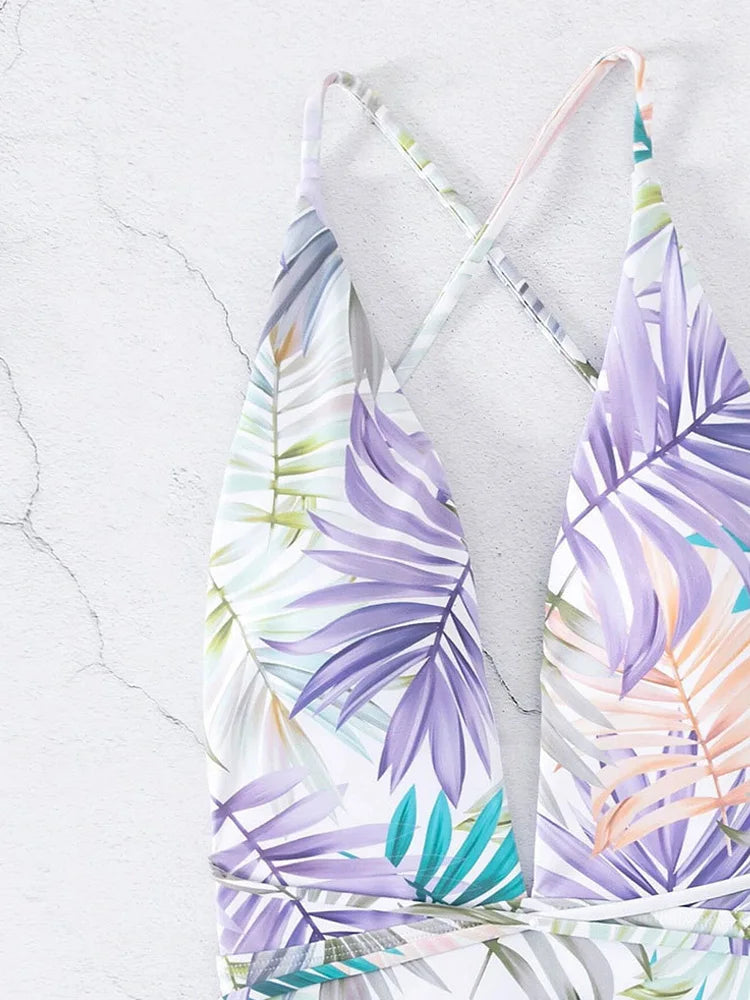 Color Print Deep V Swimwear Women Backless Cross Hollow Belt One Piece Swimsuit Monokini Summer Bathing Suit