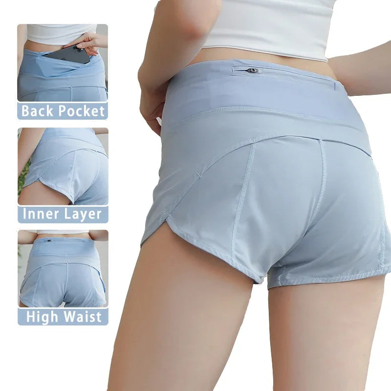 (S-XL)Women Quick Dry Running Shorts Anti-exposed Slim Fit Gym Bottoms Jogging Fitness Sport Shorts with Back Zipper Pocket