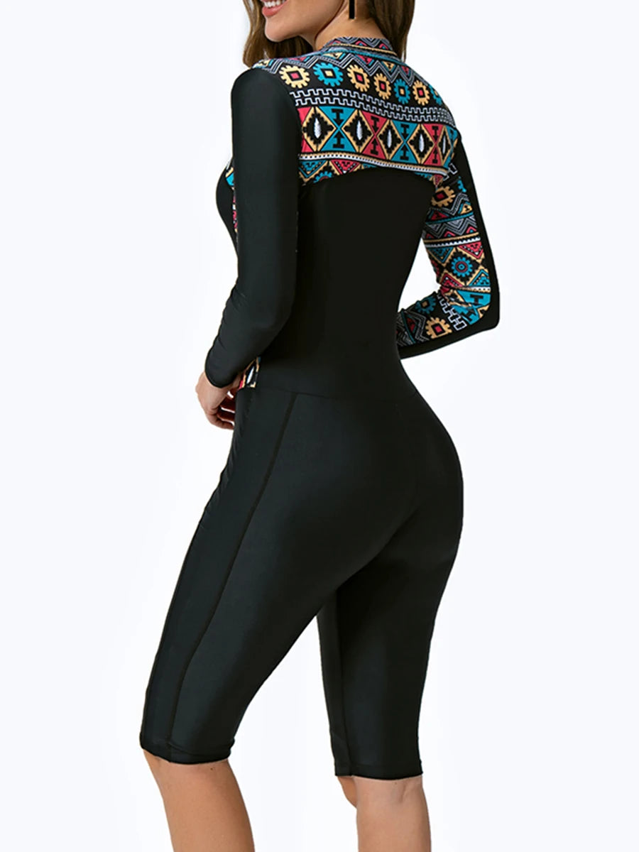 Long Sleeve & kneel Surfing Swimsuit Women With Zipper Rash guard Swimwear Female Bathers Bathing Swimming Swim Suit XXL