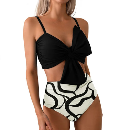 Women Flower Printed Separated Bikini Set Fashion Bow Tie Style High Waist Swimwear Shorts Beach Wear