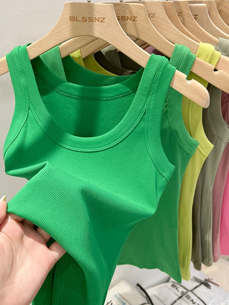 Women Solid Round Neck Ribbed Tank Top Camisole Women  Elastic Tank Top O Neck Solid Tank Top