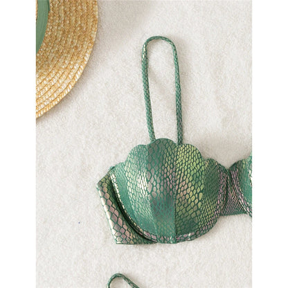 Scalloped Snake Skin Thong Bikini Female Swimsuit Women Swimwear Two-pieces Bikini set Bra Cup Bather Bathing Suit Swim