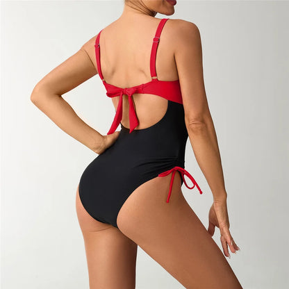 S - XXL Splicing V Neck Backless Women Swimwear One Piece Swimsuit Female High Leg Cut Padded Bather Bathing Suit Swim