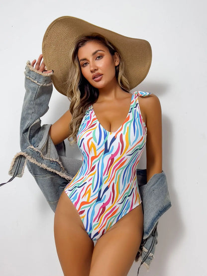 Stripy Print Lady Swimwear Women Tied Strapped One Piece Swimsuit Monokini Push Up Brazilian Beach Bathing Suit