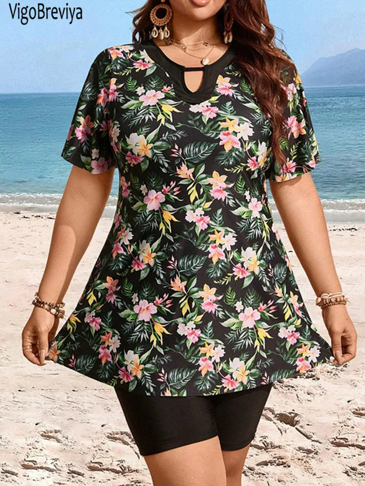 Print 2 Piece Plus Size Tankini Set Women Short Sleeve Curvy Dress Swimsuit Lady Beach Big Bathing Suit