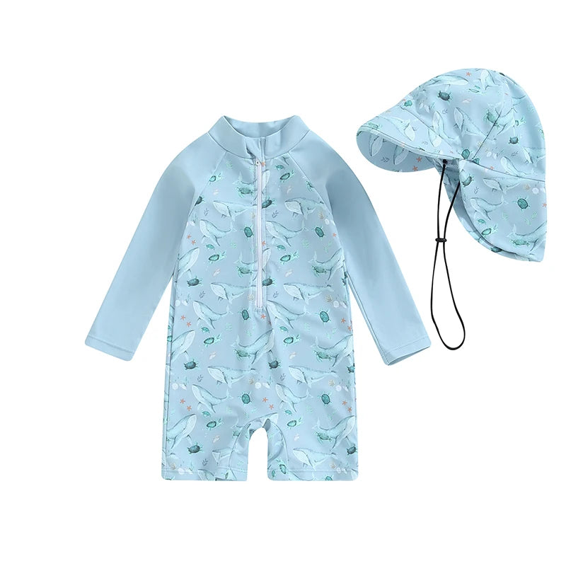 Baby Boy Swimwear Set, Whale Print Long Sleeve Rash Guard Swimsuit Sun Hat Toddler Bathing Suit Outfit 0-3T