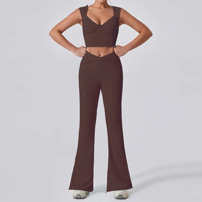 2PCS Women Yoga Set Workout Pant Outfits Fitness Sportswear Gym High Waist Flare Leggings Sports Bra Athletic Tracksuit