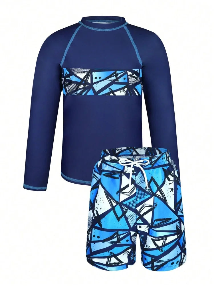Boys' Blue Geometric Long-Sleeve Rash Guard Set with Shorts