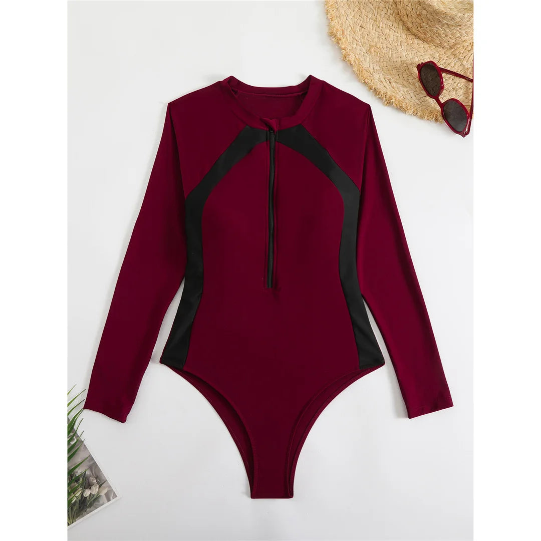 High Cut Printed Long Sleeve Zipper Surf Rash Guard One Piece Swimsuit Women Swimwear Female Bather Bathing Suit Swim