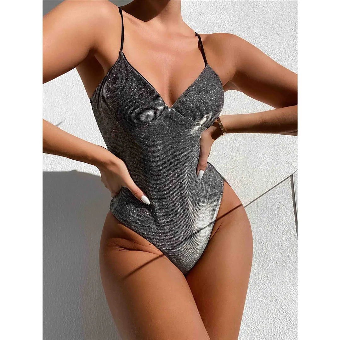 S - XL V Neck High Cut One Piece Swimsuit Women Swimwear Female Bather Shiny Glitter Sparkling Bathing Suit Swim