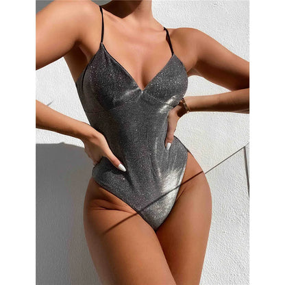 S - XL V Neck High Cut One Piece Swimsuit Women Swimwear Female Bather Shiny Glitter Sparkling Bathing Suit Swim