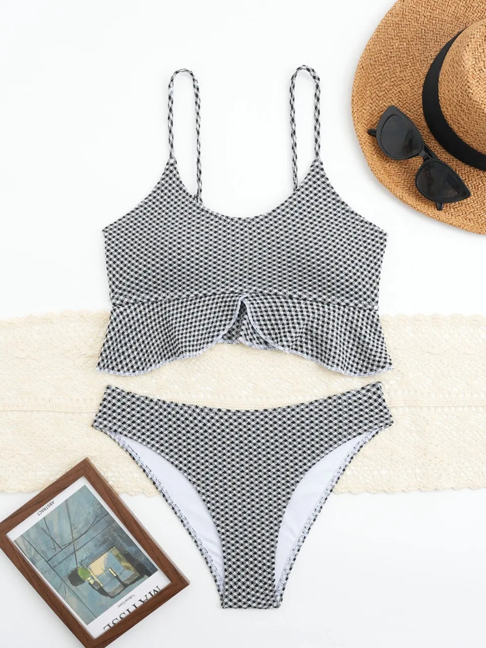 Strappy Ruffle Bikinis Solid Triangle Swimsuit Gingham Printed Swimwear Female Bathers Bathing Swimming Suit Beachwear