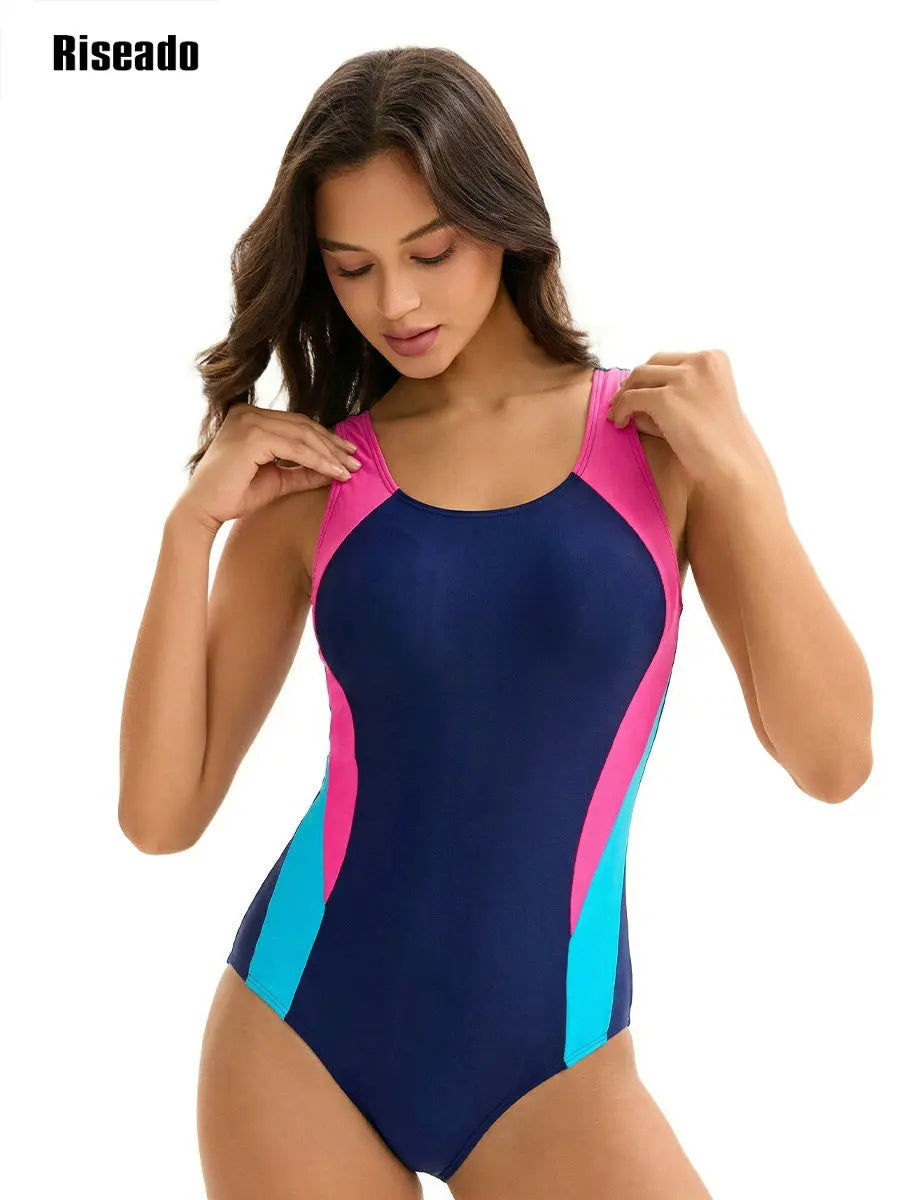 Women's One Piece Swimsuits Tummy Control Athletic Full Coverage Bathing Swim Suit Color Block Slimming Swimwear