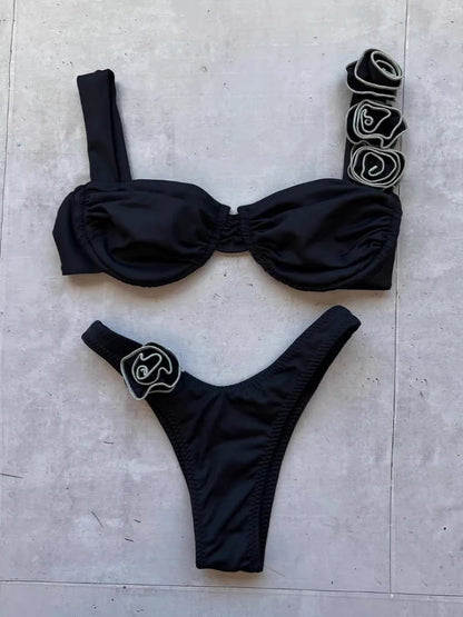 Strappy Bikinis 3D Floral Swimsuit Women Separation Swimwear Female Bathers Bathing Swimming Suit Beachwear