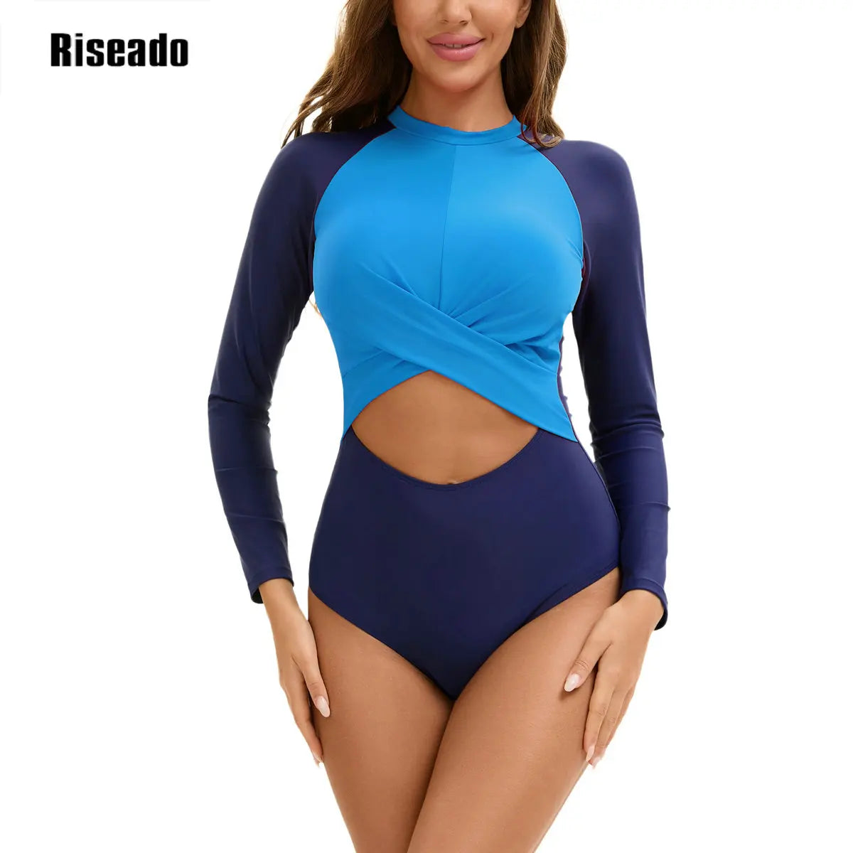 Women's Long Sleeve Rash Guard Cut Out One Piece Swimsuit Sun Protection Back Zipper Bathing Suit